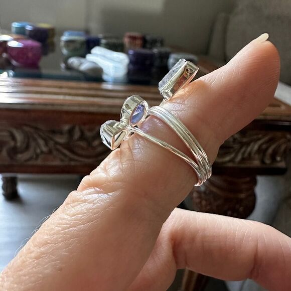 Natural Tanzanite Crystal & Moonstone Rough Sterling Silver Ring - Picture 7 of 9